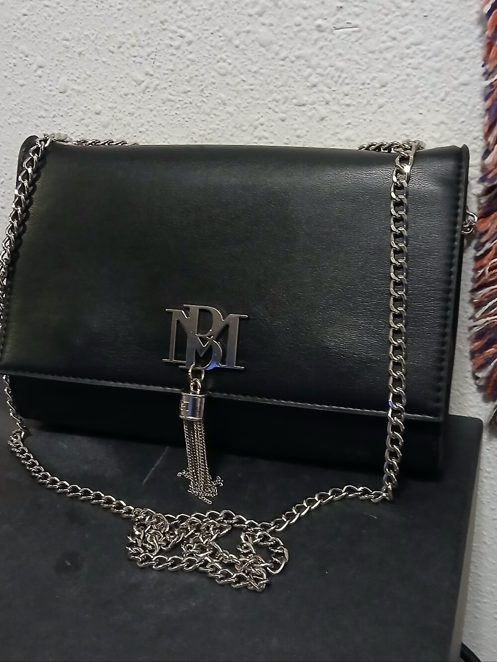 Badgley Mischka Black Crossbody Bag with Silver Logo & Tassel
